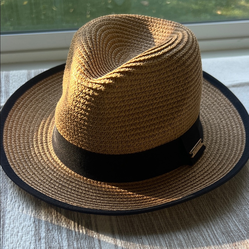 Womans Tan Fedora Hat with Black Band UV protection.